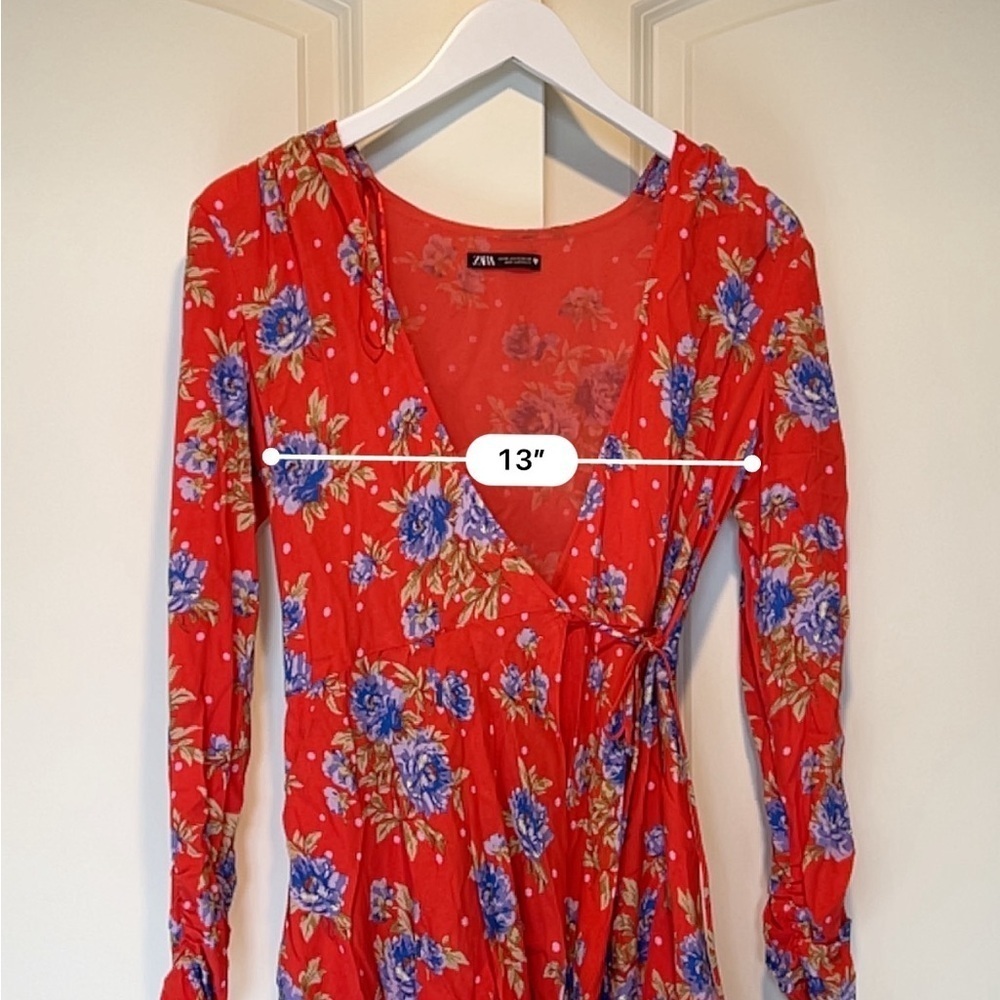 Zara Red Floral Wrap Sleeved Summer Dress - XS - Picture 7 of 10